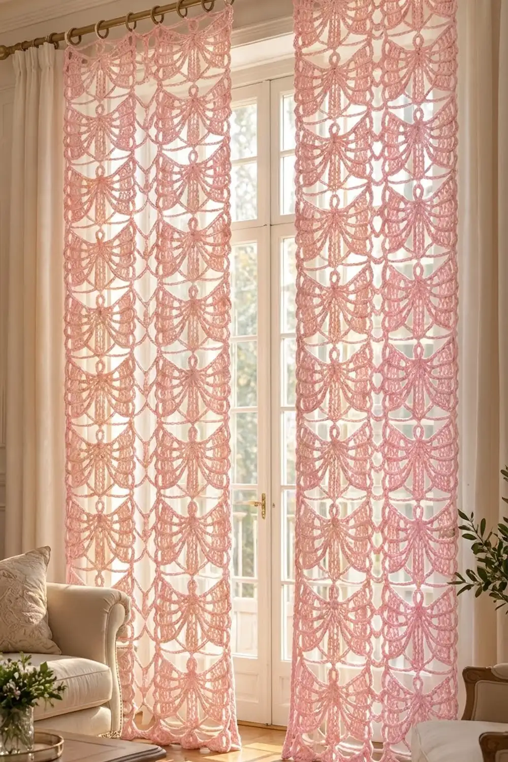 Pink lace curtains with ornate butterfly patterns hang from brass rods framing French doors in an elegant living room.