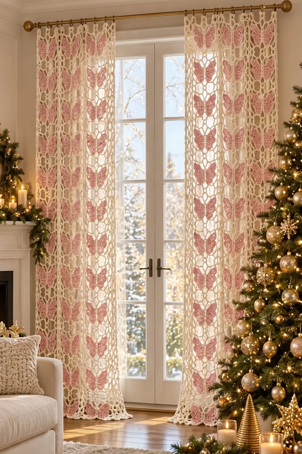 Cream lace curtains with pink butterfly pattern frame glass doors in a holiday-decorated room.