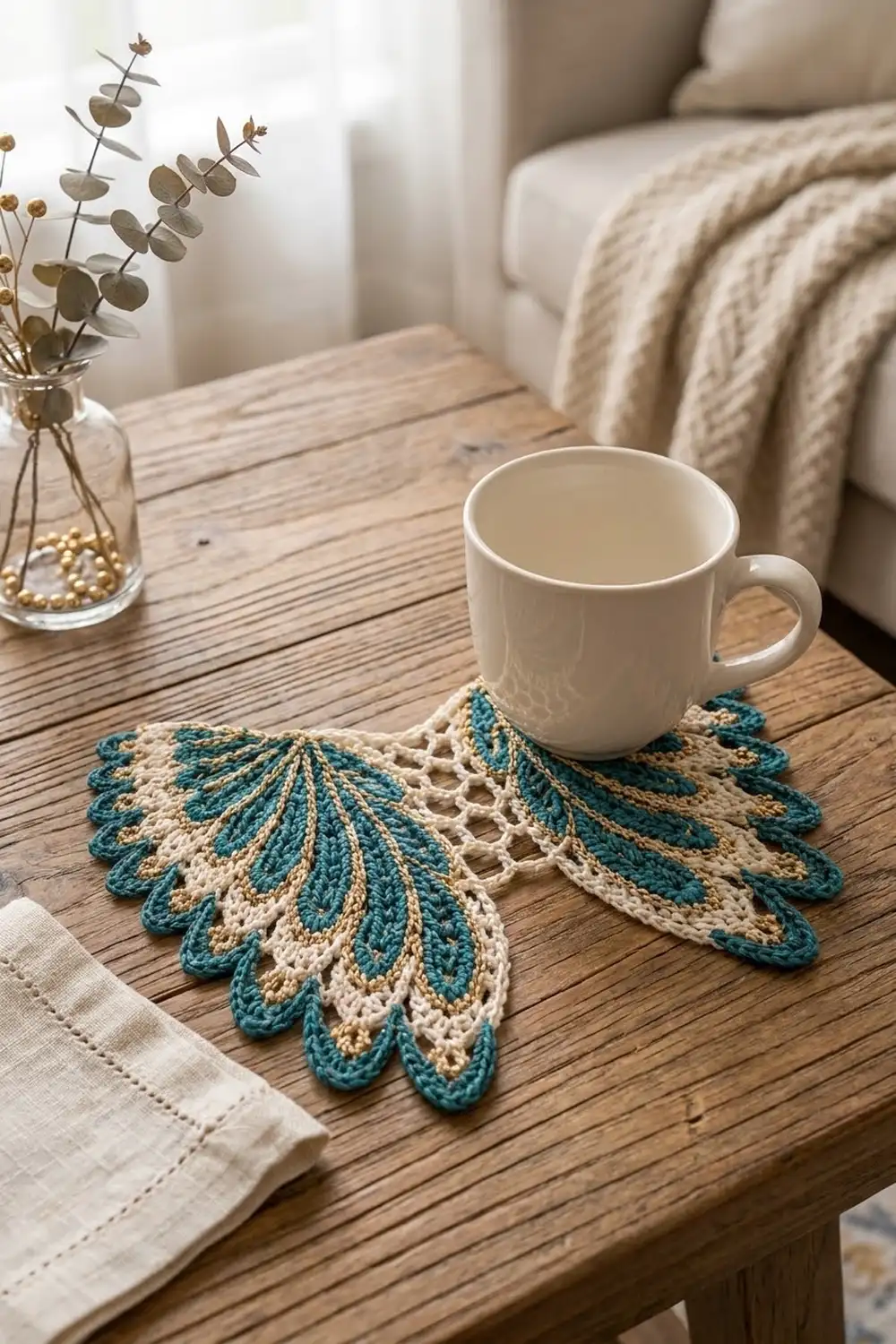 A cream mug sits on a teal and cream crocheted coaster on a wooden table beside dried eucalyptus.