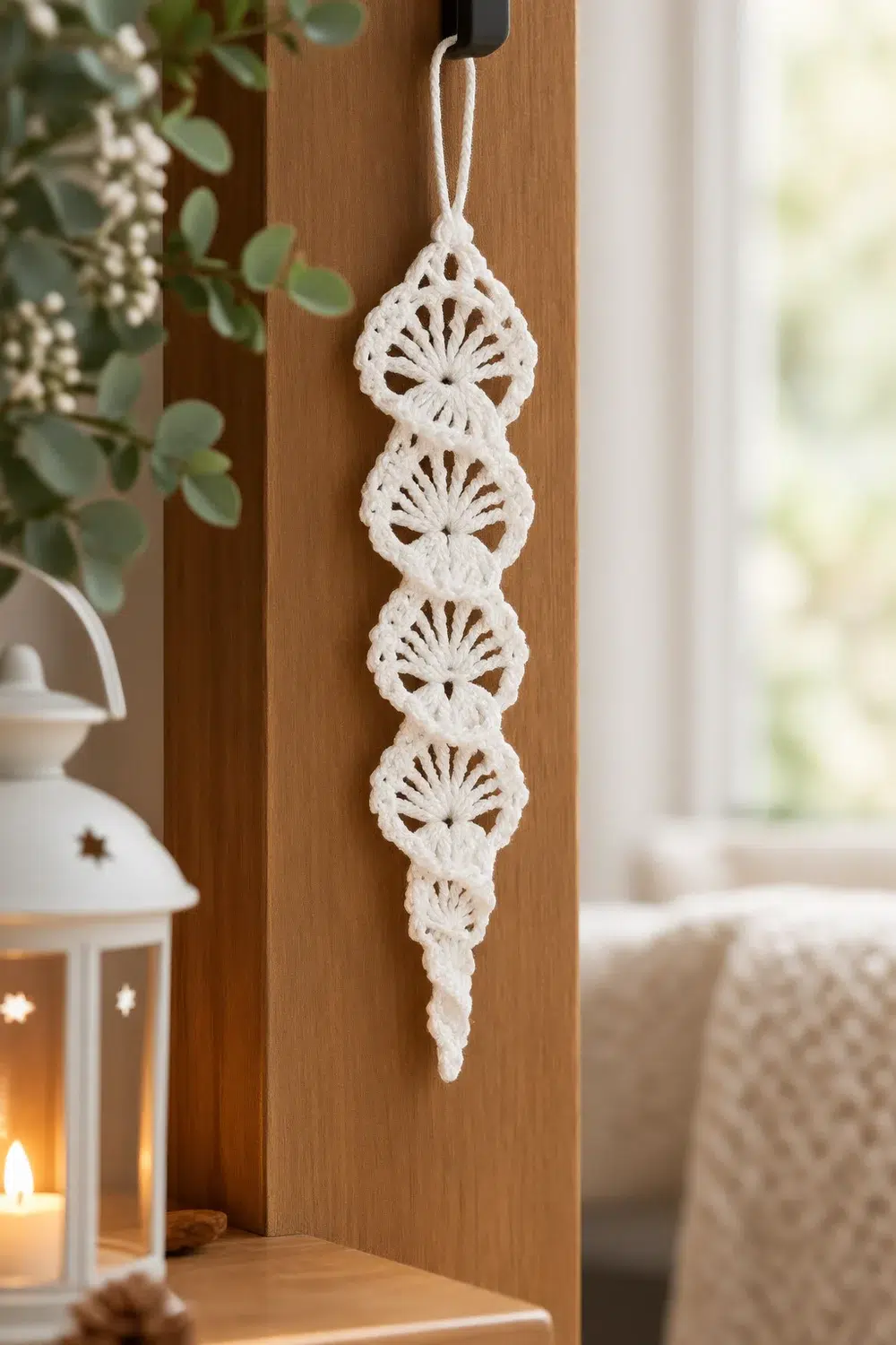 A white crocheted teardrop ornament with shell-stitch details hangs from twine against warm wood paneling.