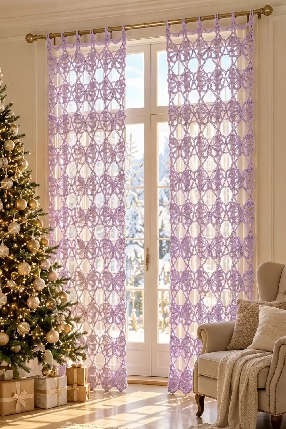 Lavender lace curtains hang from brass rods on French doors beside a decorated Christmas tree and cream armchair.