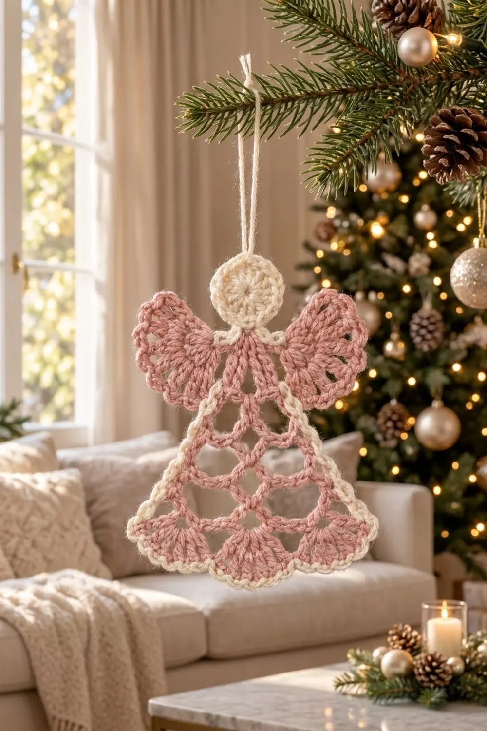 A crocheted pink and cream angel ornament with wings hangs in a decorated living room near a Christmas tree.