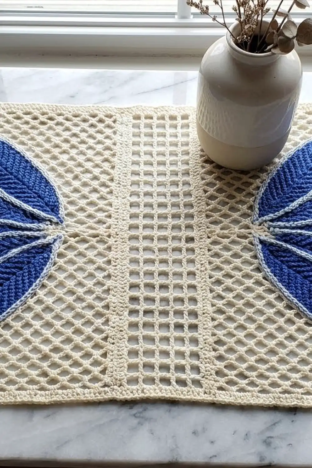 A cream crochet table runner with geometric patterns displayed on marble, styled with blue pillows and a white vase of dried flowers.