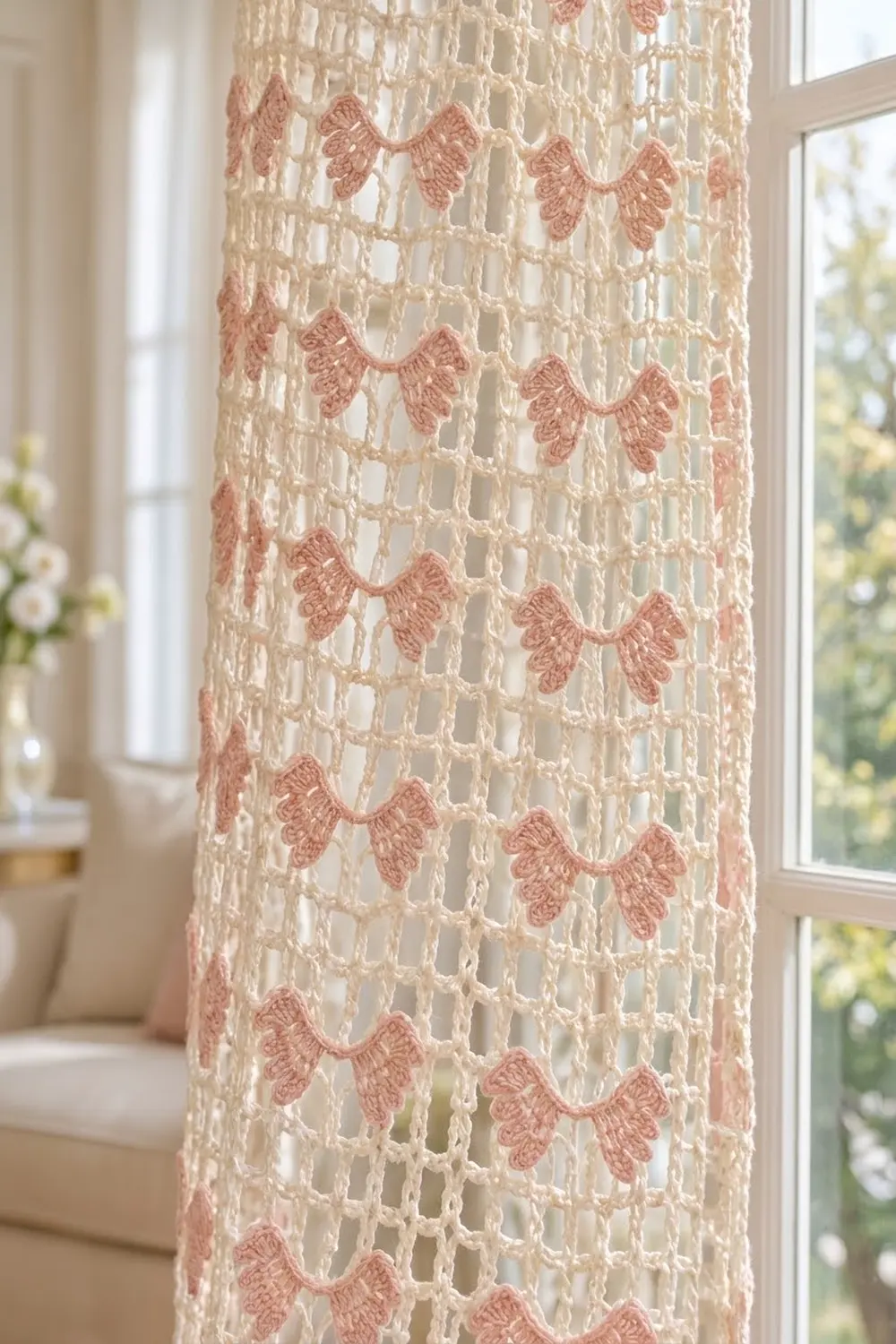 A delicate cream lace curtain with rose pink bow motifs hangs beside a bright window overlooking a garden.