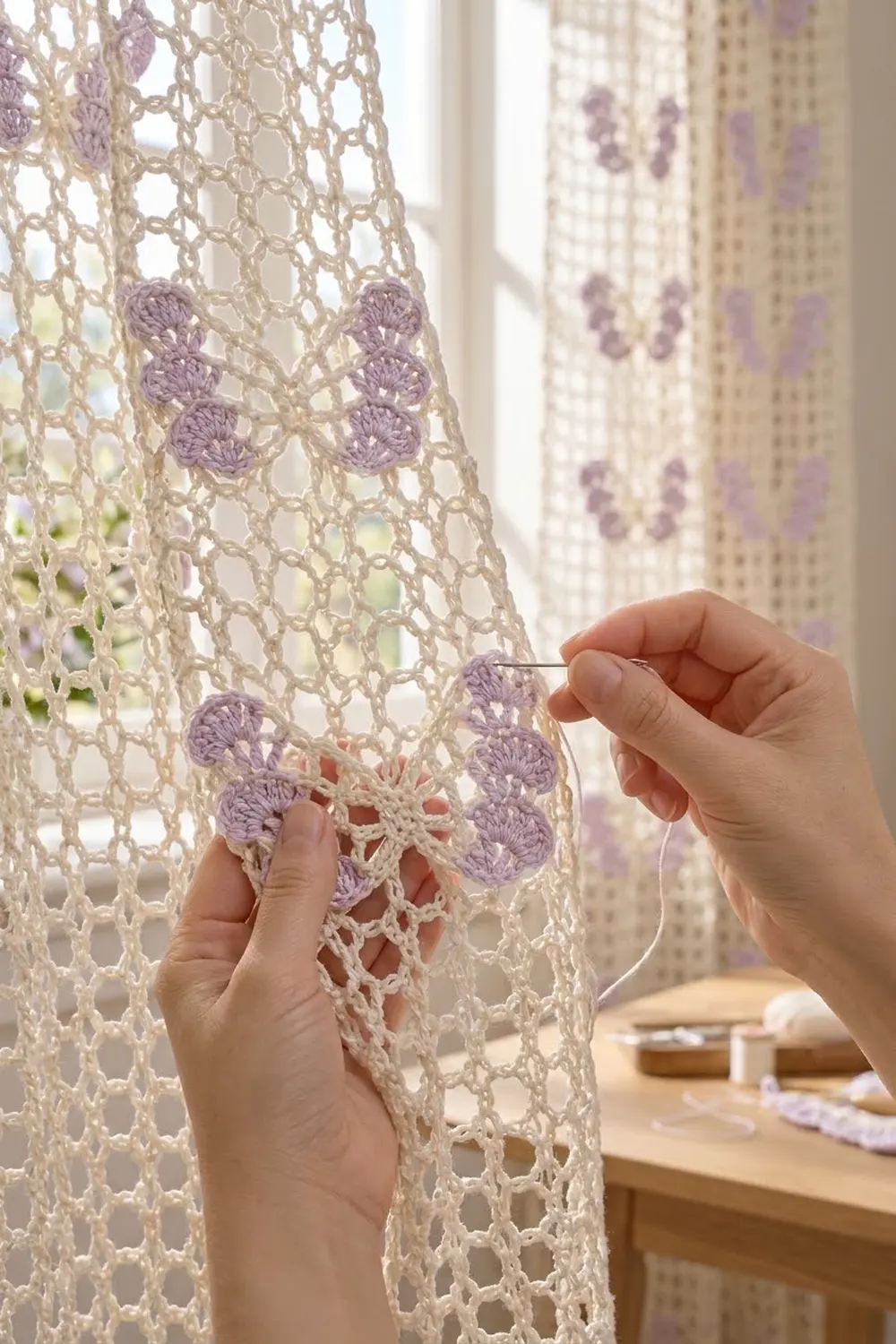 Hands crocheting a cream and lavender lace curtain panel with decorative flower motifs by a bright window.