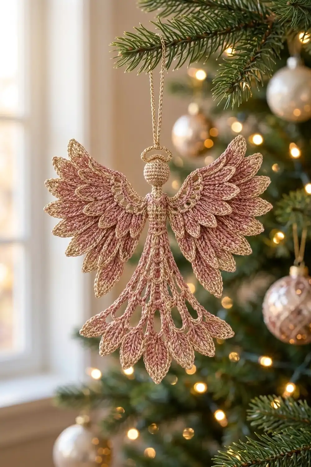 A crocheted rose-gold angel ornament with detailed wings hangs from an evergreen branch among twinkling lights.