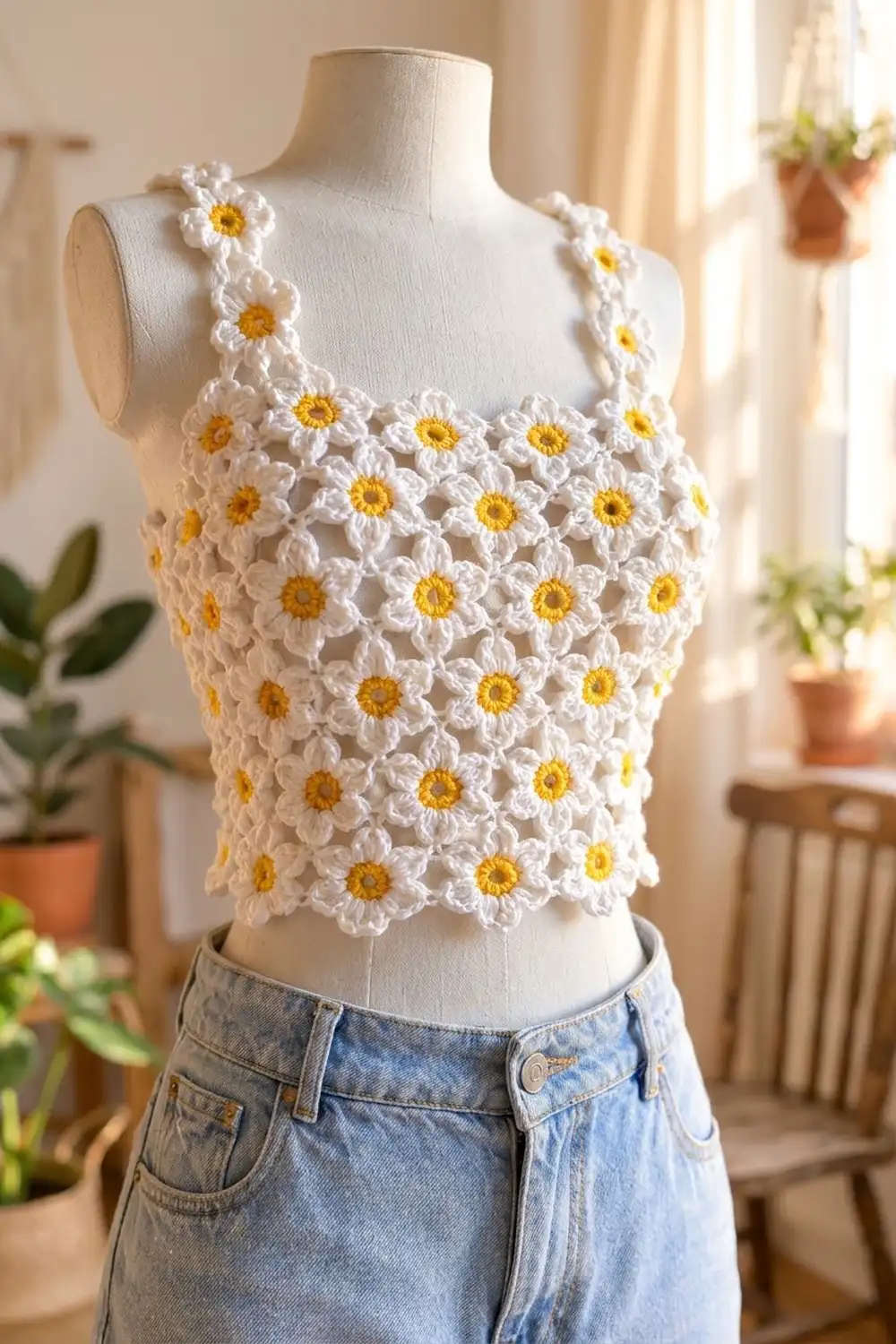 A crocheted white daisy crop top with yellow centers styled on a mannequin with light blue jeans indoors.