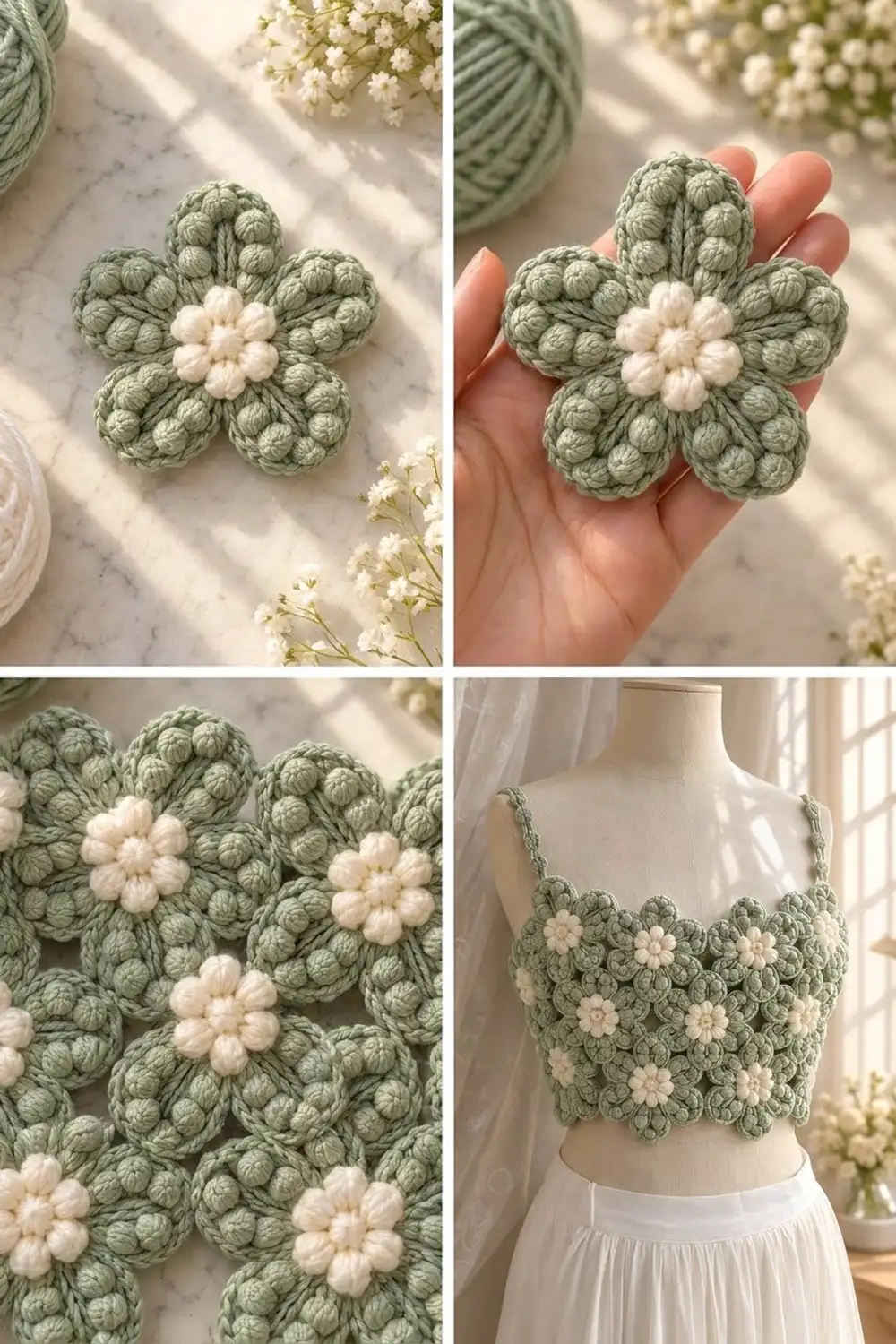 Crocheted sage green flowers with cream centers displayed individually, in groups, and assembled into a wearable crop top.