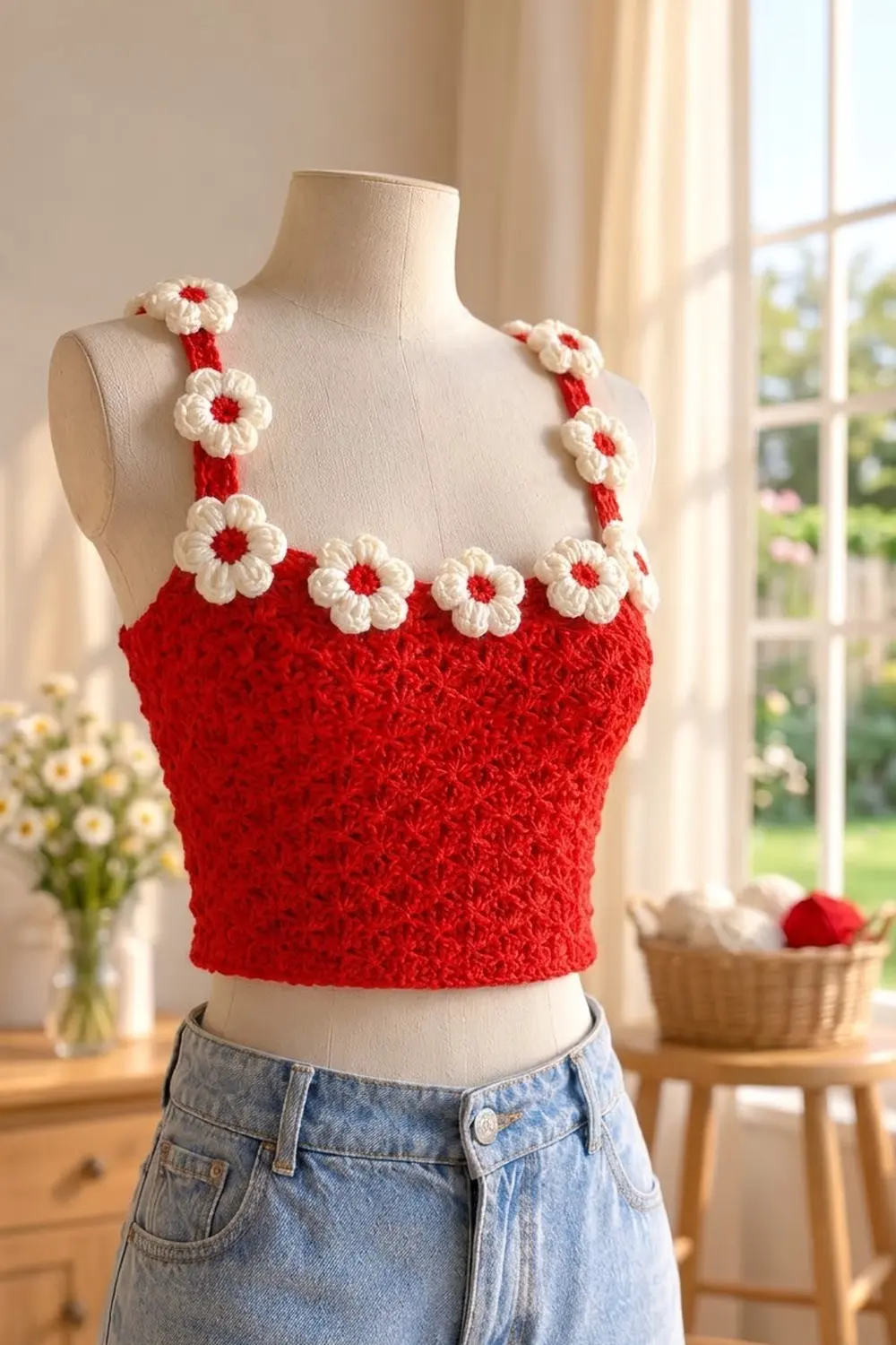 A red crocheted crop top with white daisy flowers on straps displayed on a mannequin by a sunny window.