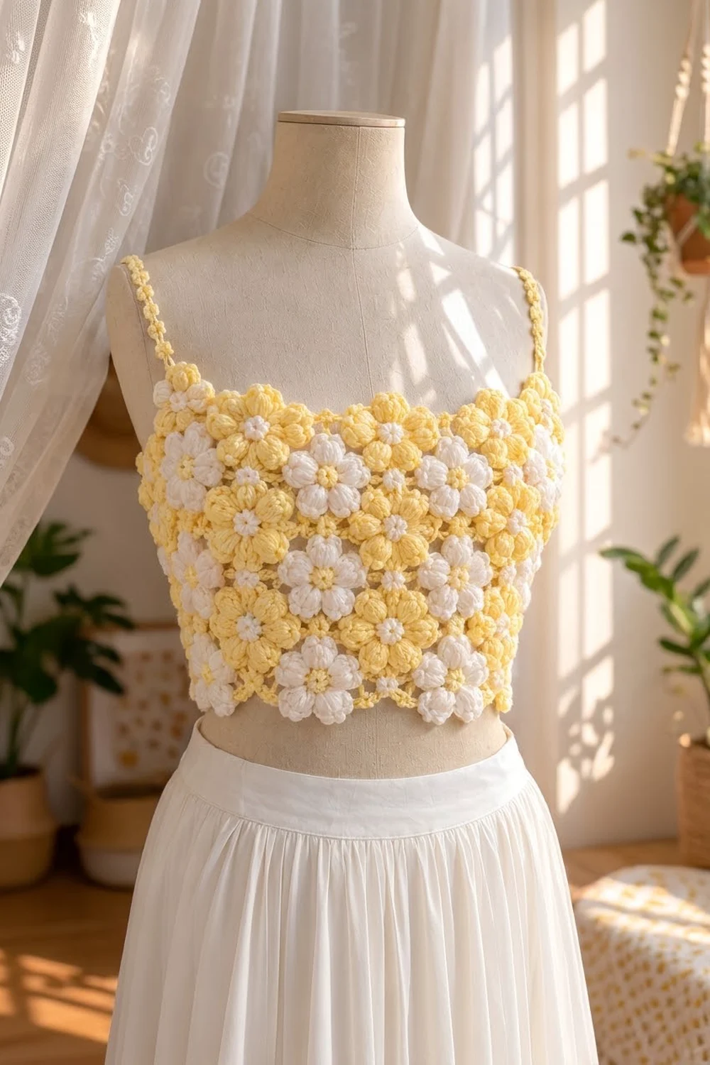 A crocheted yellow and white daisy flower crop top displayed on a mannequin with a white skirt in a sunlit room.