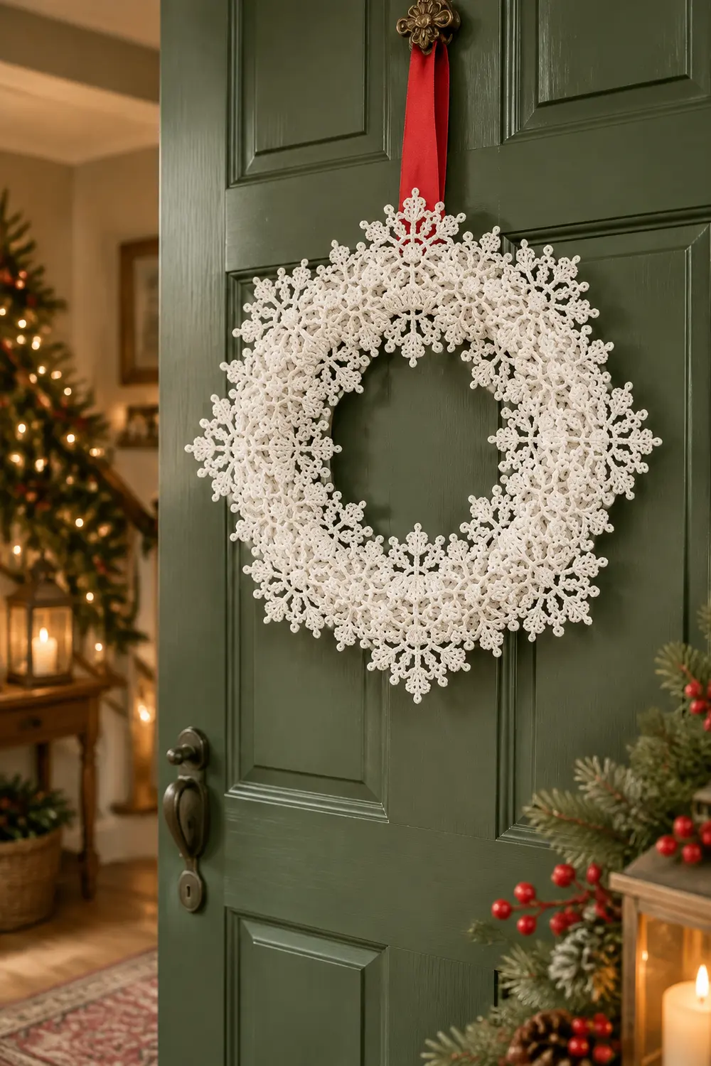A delicate white snowflake wreath with red ribbon hangs on a sage green front door alongside festive holiday decorations.