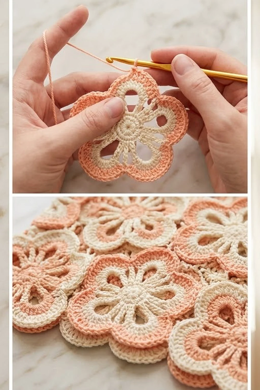 Hands crocheting a delicate peach and cream motif with a golden hook, displayed alongside finished lace pieces.