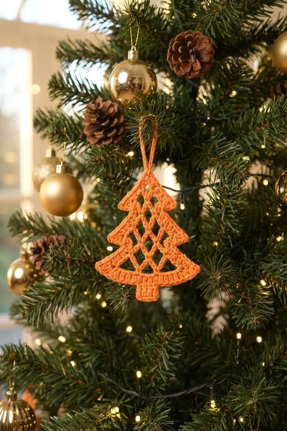 An orange crocheted Christmas tree ornament hangs among gold baubles and pinecones on a decorated evergreen tree.