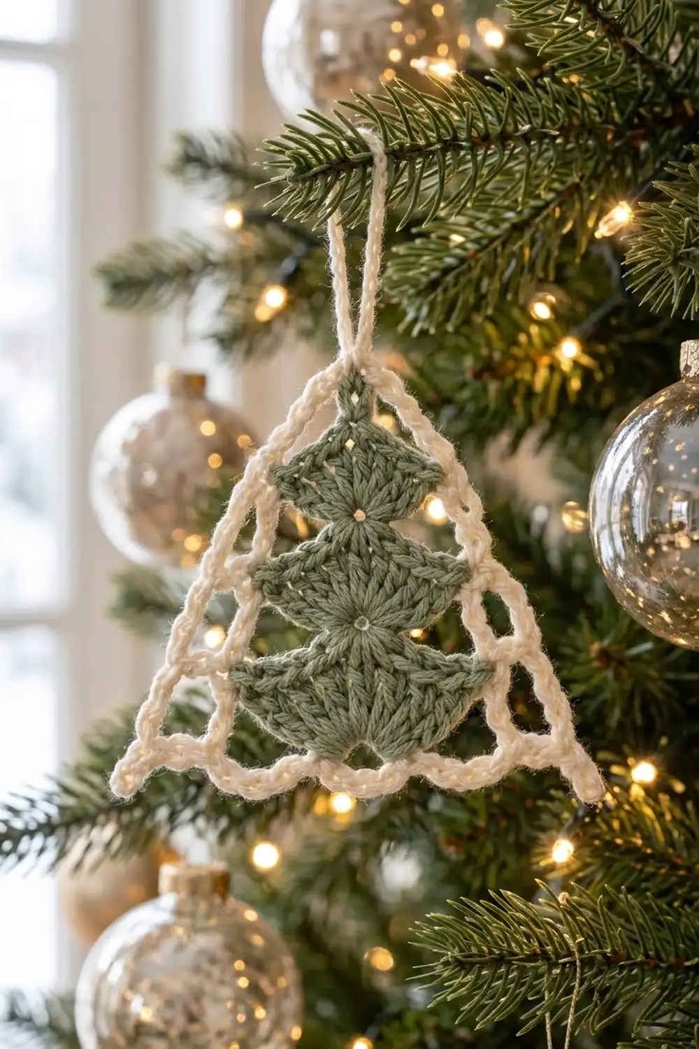 A crocheted Christmas tree ornament in sage green and cream hangs from evergreen branches among warm white lights.