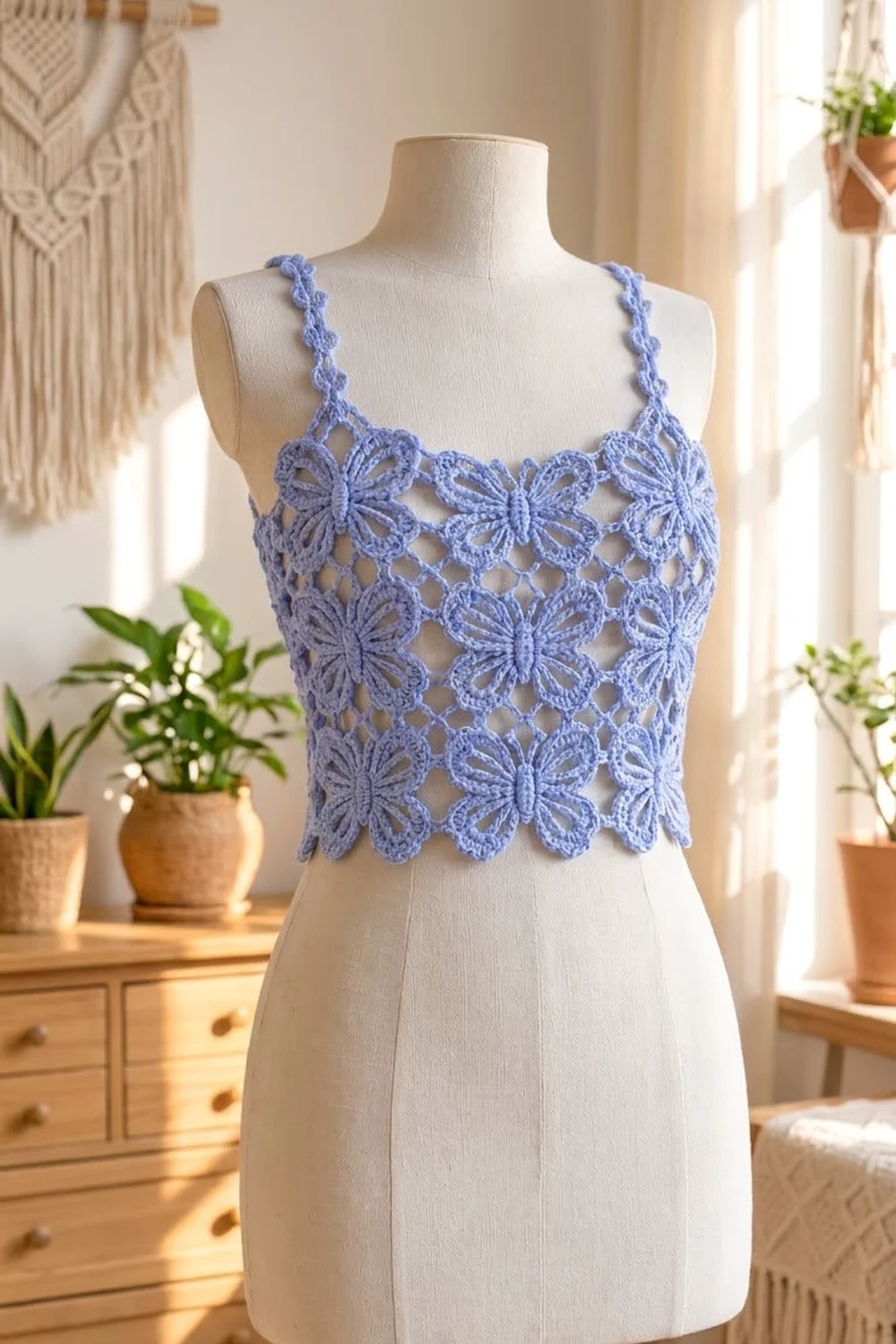 A periwinkle blue crocheted butterfly crop top displayed on a mannequin in a sunlit bohemian bedroom.