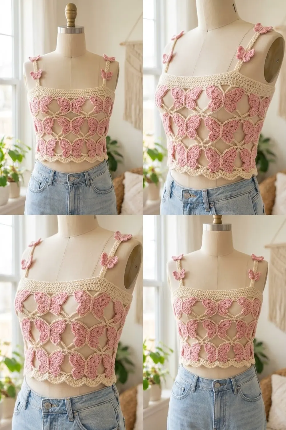 Crocheted pink and cream butterfly crop top styled with light blue denim on a dress form mannequin.