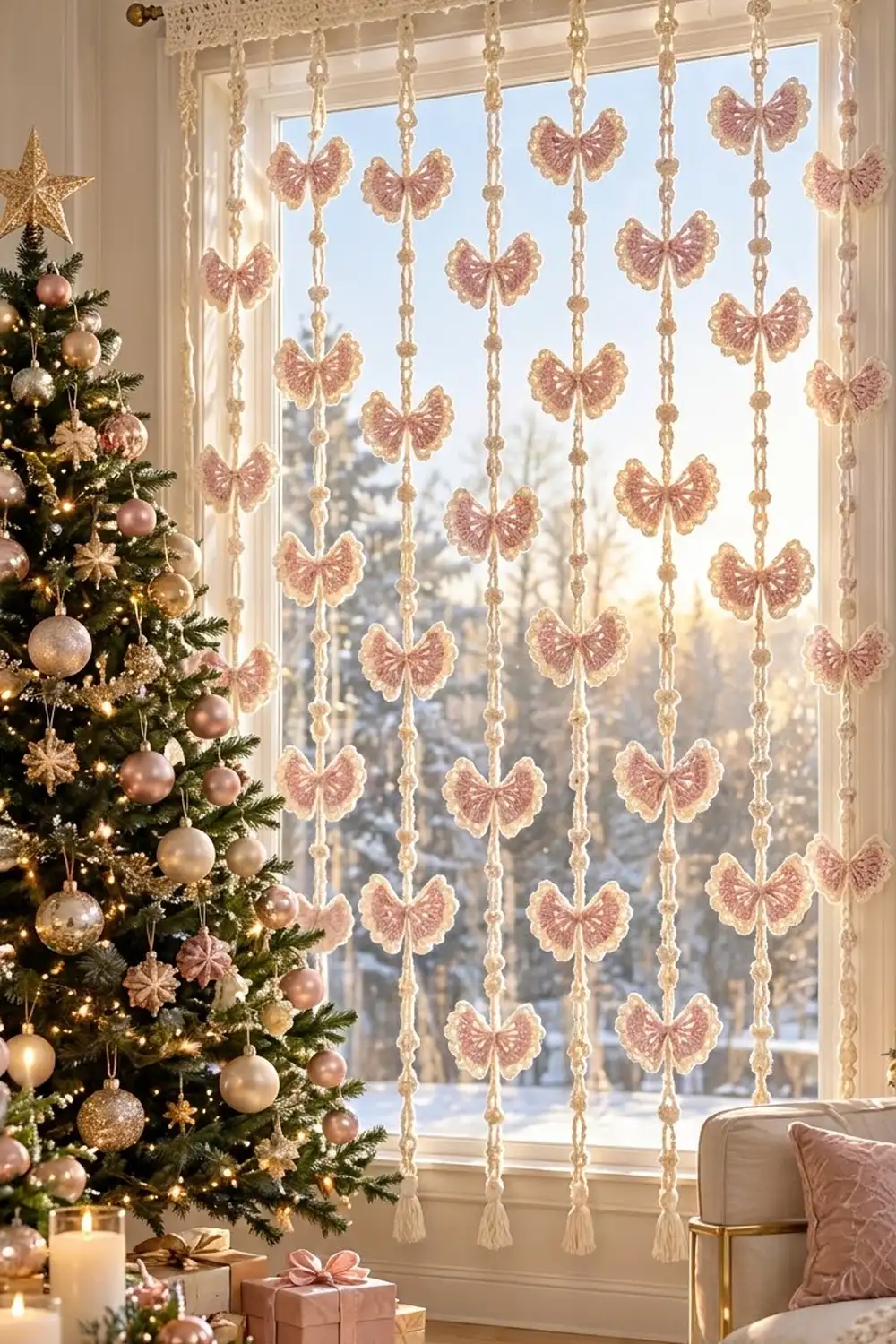 Crocheted butterfly garland curtain in pink and cream hangs in window beside decorated Christmas tree.
