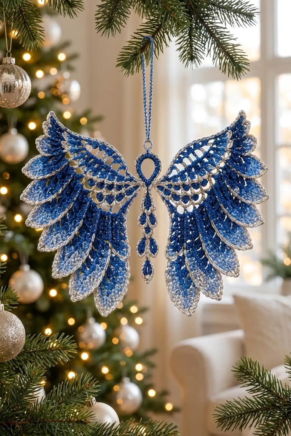 Blue and silver glittery angel wing ornament hanging from evergreen garland with Christmas tree and white ornaments.
