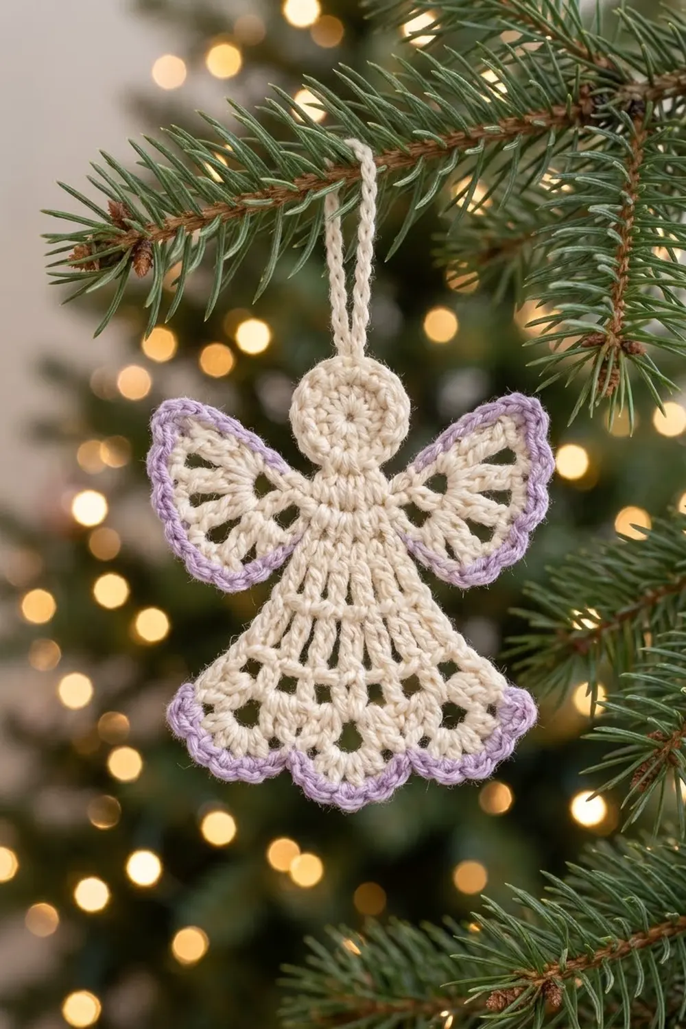 A crocheted ornament angel with cream and lavender yarn hanging from an evergreen branch with bokeh lights.