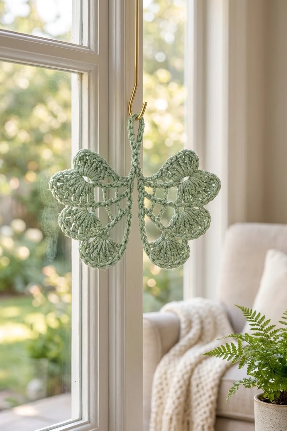 A sage green crocheted butterfly ornament hangs from a brass hook on a window beside cream curtains.