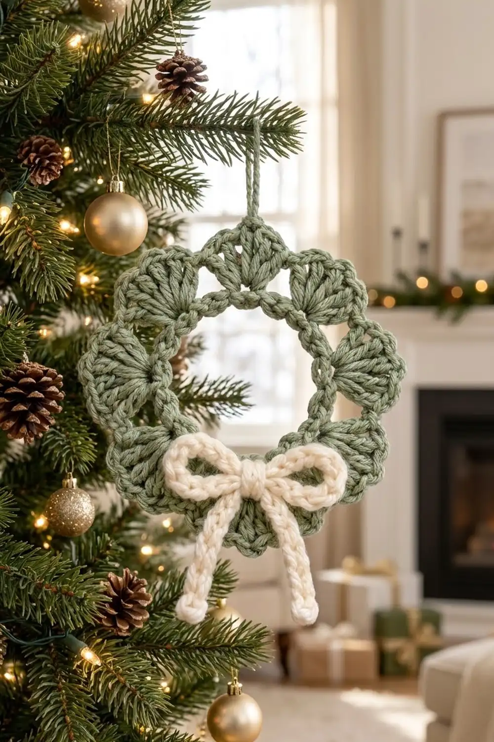 A crocheted wreath ornament in sage green with cream bow hanging from evergreen garland with lights and pinecones.