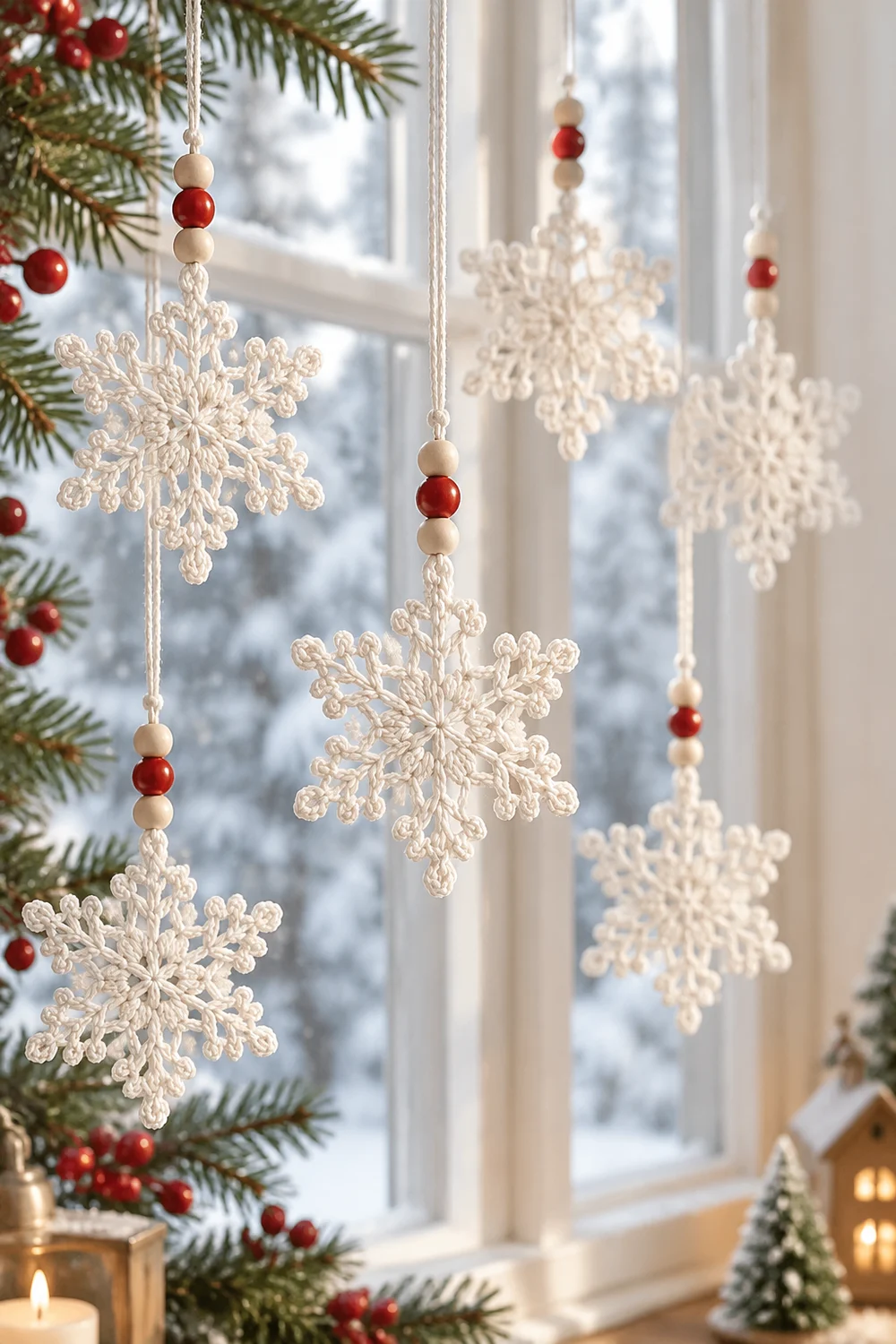 Crocheted cream snowflake ornaments with red and tan beads hanging in a snowy window with evergreen garland.