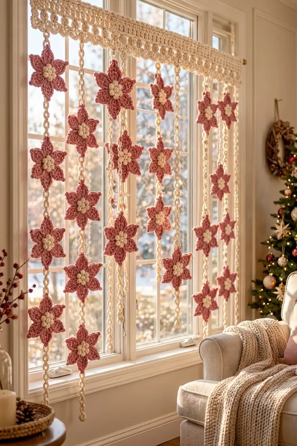 Crocheted flower window garland with burgundy and cream flowers hanging on a holiday-decorated window beside a Christmas tree.