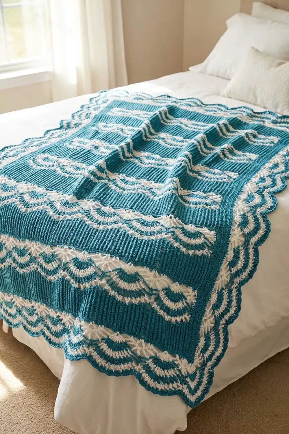A teal and cream knitted blanket with decorative scalloped edges draped over a white bed in a bright bedroom.