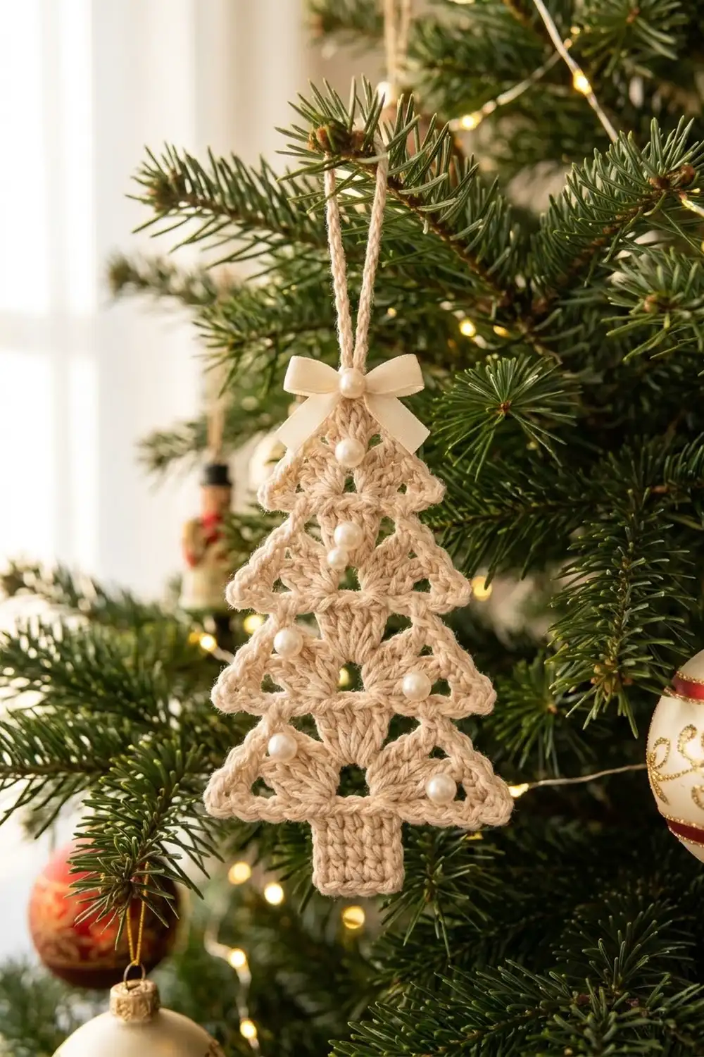 Crocheted beige tree ornament with pearl beads hanging on evergreen branches with warm lights and other decorations.