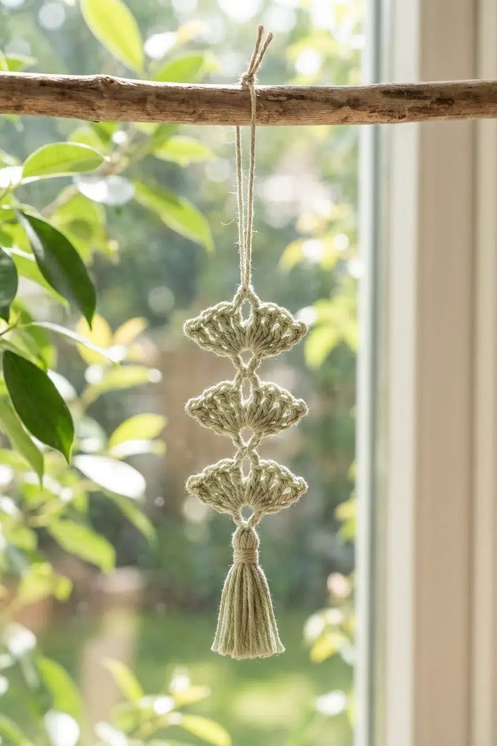 A handmade macramé ornament with three knotted diamond shapes and a tassel hangs from a wooden branch near a sunlit window.