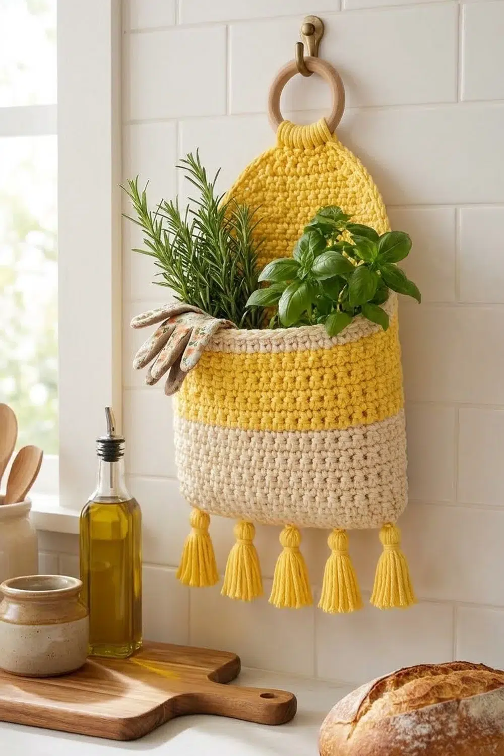 A yellow and cream crocheted hanging basket with tassels holds fresh herbs in a kitchen beside olive oil and bread.