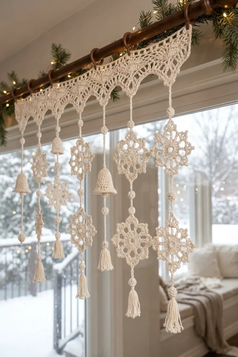 Cream crochet ornaments and snowflakes hang from wooden rod with greenery above snowy window.