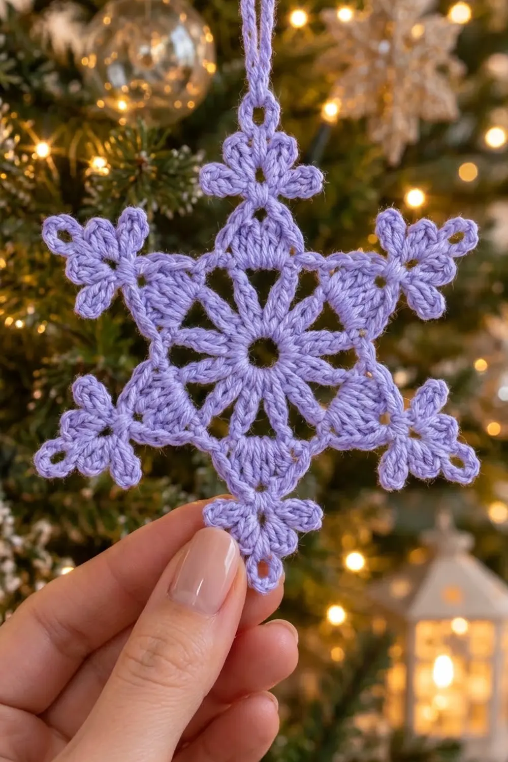 A lavender crocheted snowflake ornament hangs from a purple ribbon in front of a decorated Christmas tree with warm lights.