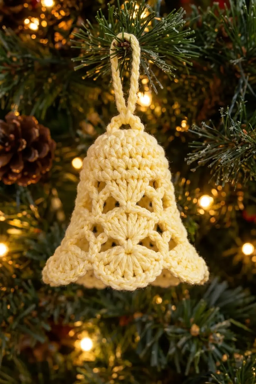 A cream-colored crocheted bell ornament hangs from evergreen branches amid warm golden lights and pinecones.