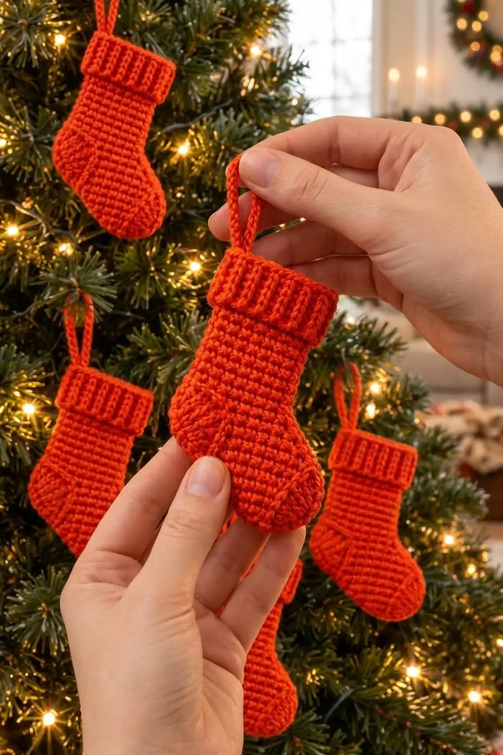 A hand holding a red crocheted stocking ornament among evergreen branches with gold lights.