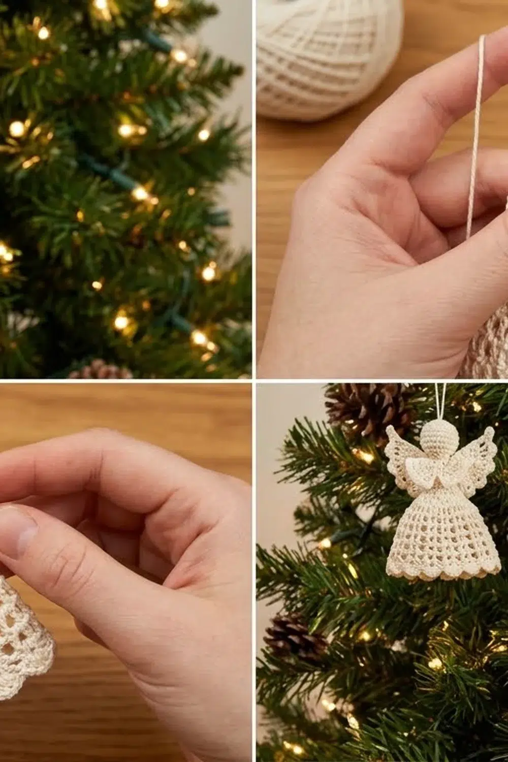 A crocheted white angel ornament with wings hung on a decorated Christmas tree with warm lights and pinecones.