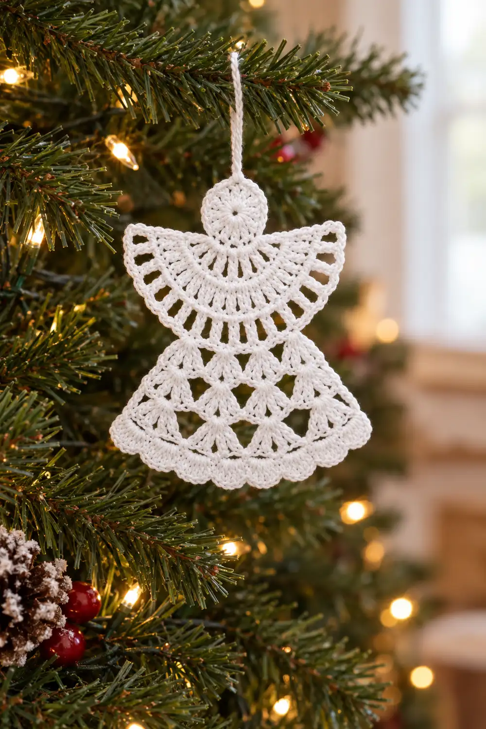 A white crocheted angel ornament hangs from evergreen branches decorated with warm white lights.