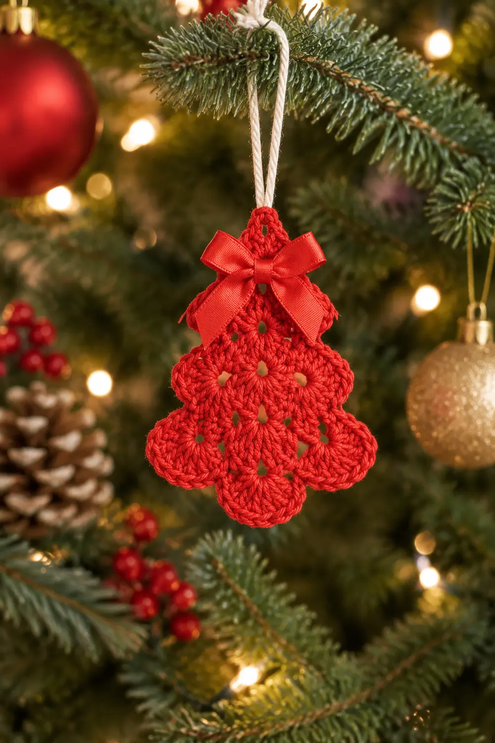 A red crocheted Christmas tree ornament with a bow hangs from evergreen branches among warm lights and decorations.