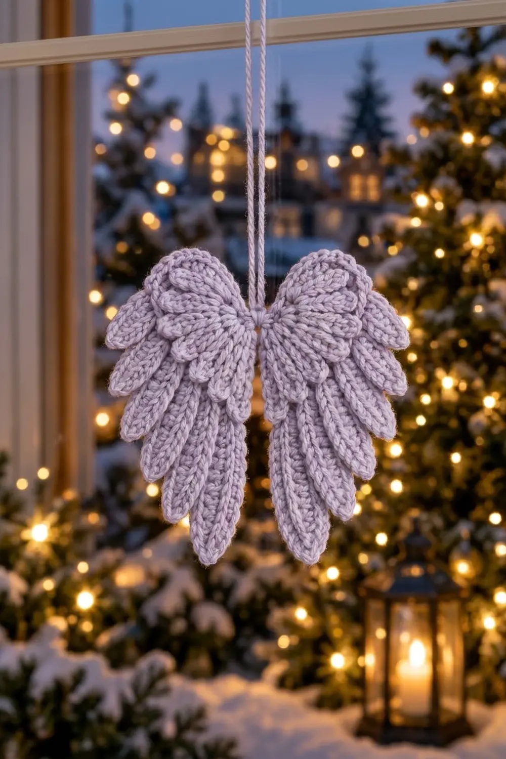 A lavender crocheted angel wings ornament hangs in a window with twinkling lights and snowy evergreens visible outside.