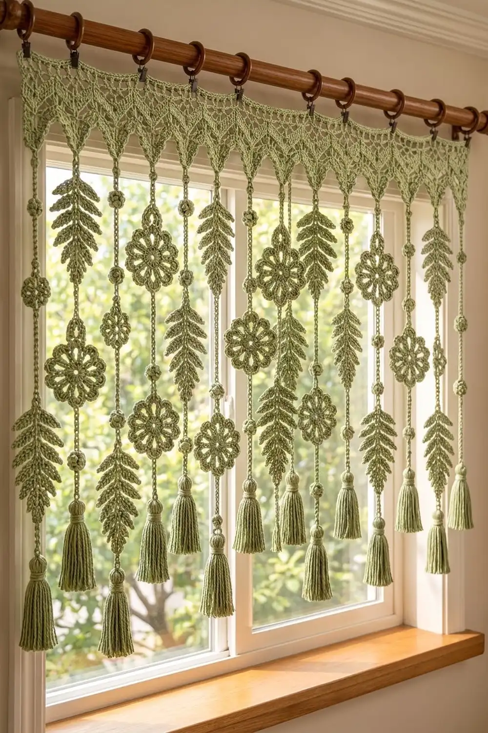 A sage green crocheted macramé curtain with leaf and flower motifs and tassels hangs from a wooden rod across a sunlit window.