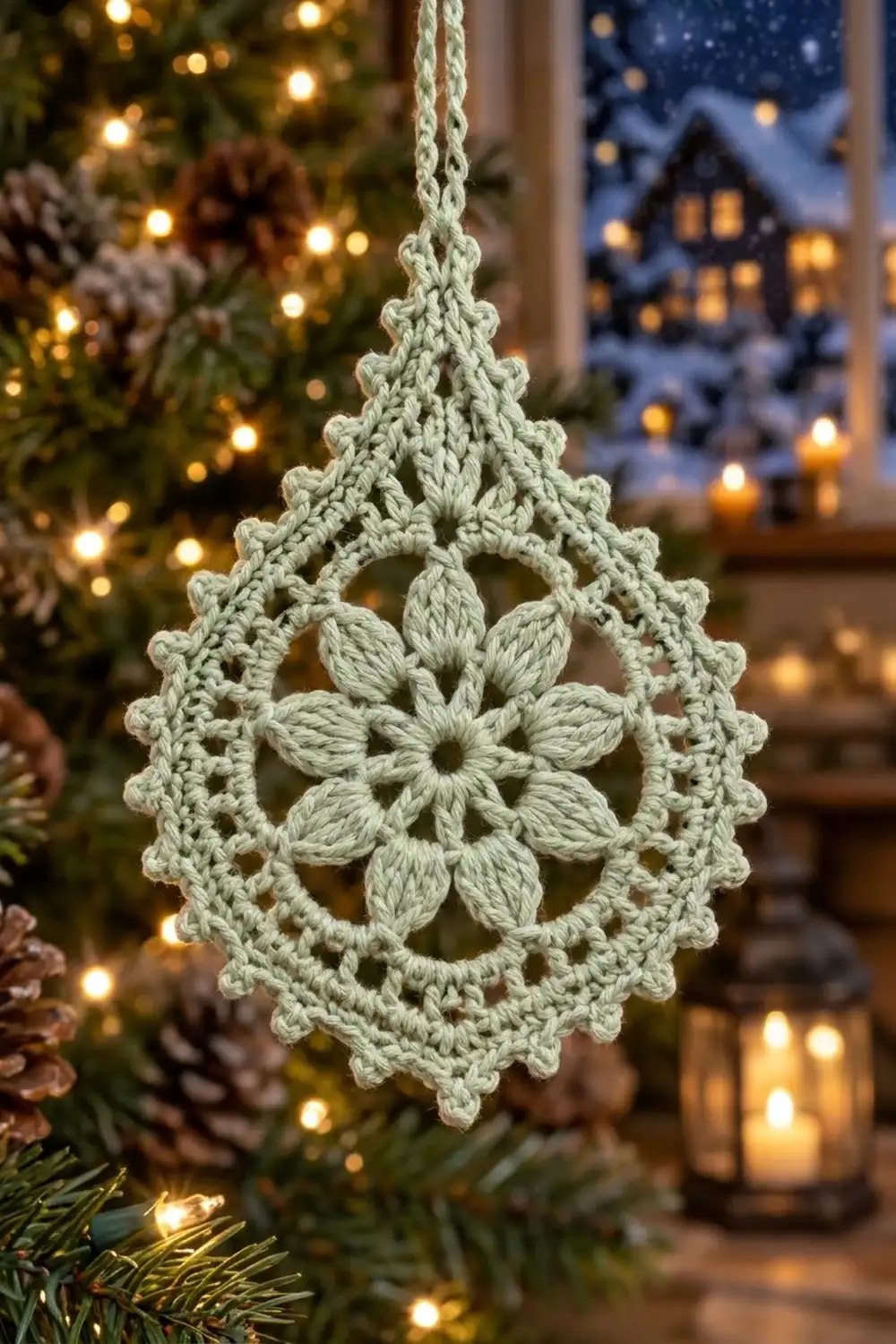 A cream-colored crocheted snowflake ornament hangs amid evergreen branches and warm lights in a cozy holiday setting.
