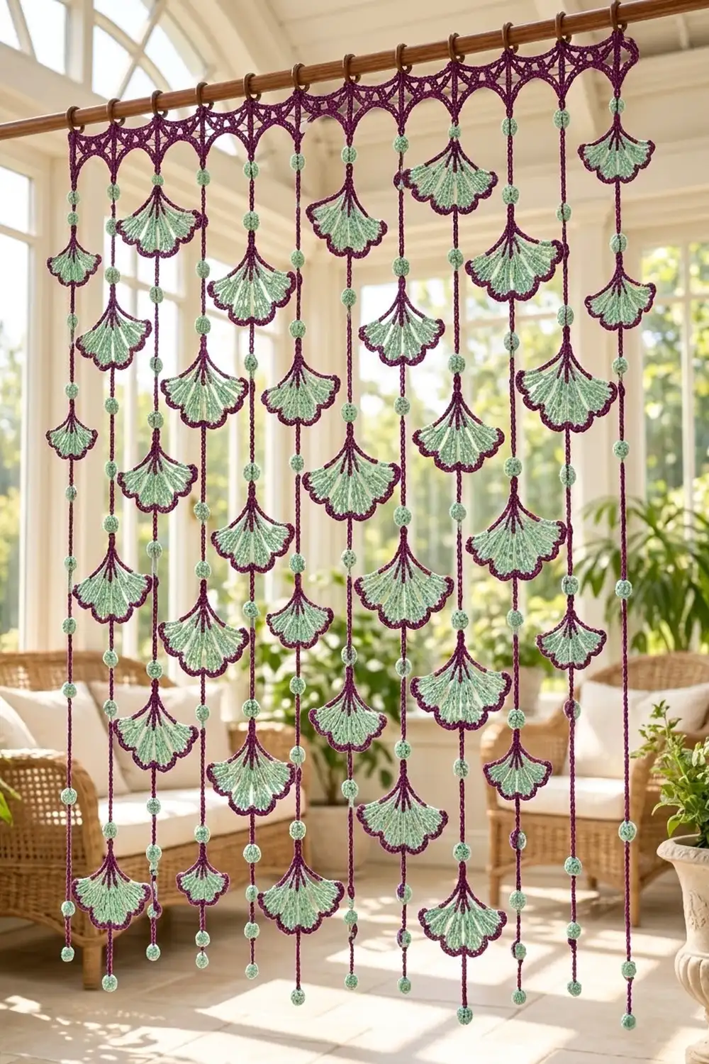 A purple and green crocheted lace curtain with beaded strands hanging from a wooden rod in a bright sunroom.