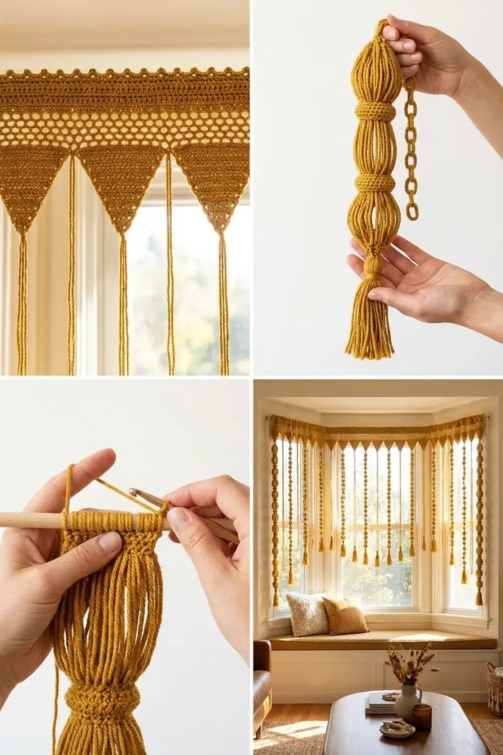 Gold macramé curtain valance and tassel details displayed on windows with sheer cream drapes in a bright room.