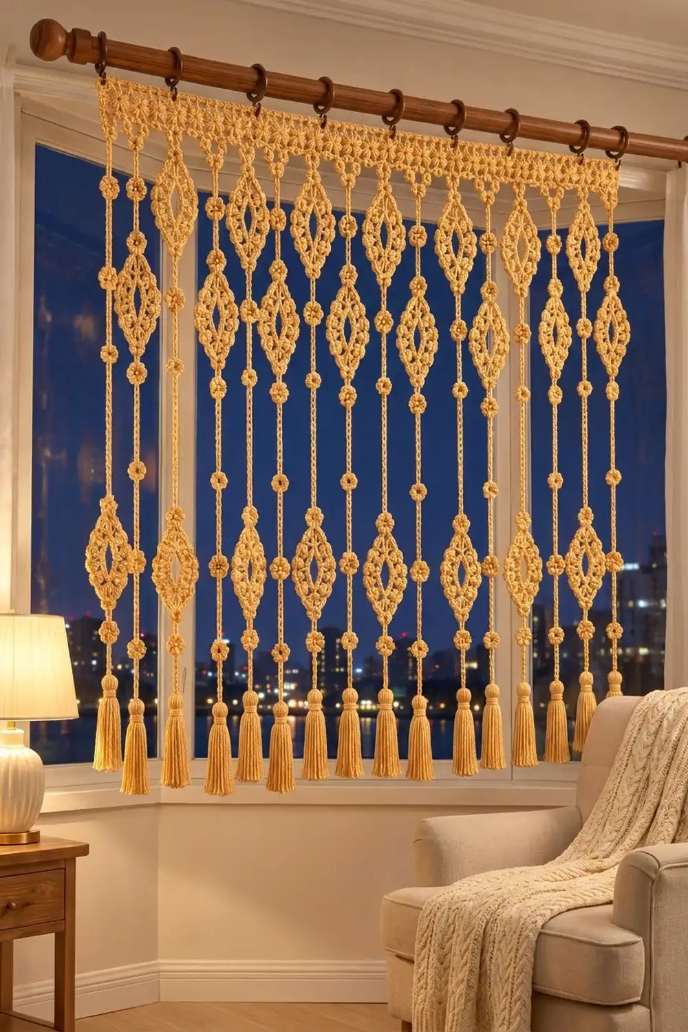 A golden macramé curtain with diamond patterns and tassels hangs in a modern living room overlooking a nighttime city skyline.