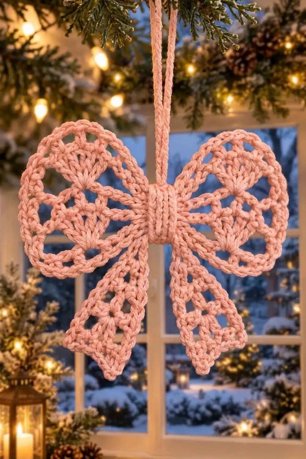 A pink crocheted bow ornament hangs from evergreen branches with twinkling lights and a snowy winter scene visible through the window behind.