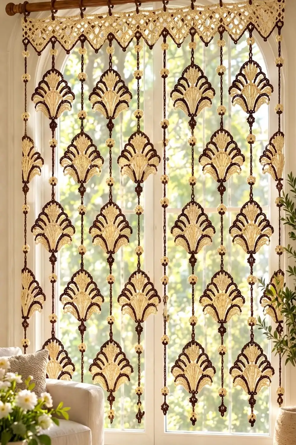 Ornate beaded curtain with gold shell motifs and burgundy strings hanging in a bright window above a white chair.