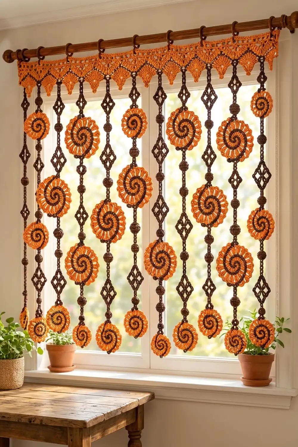 Crocheted orange spiral flower curtain with brown beads hanging from a wooden rod in a sunlit window.