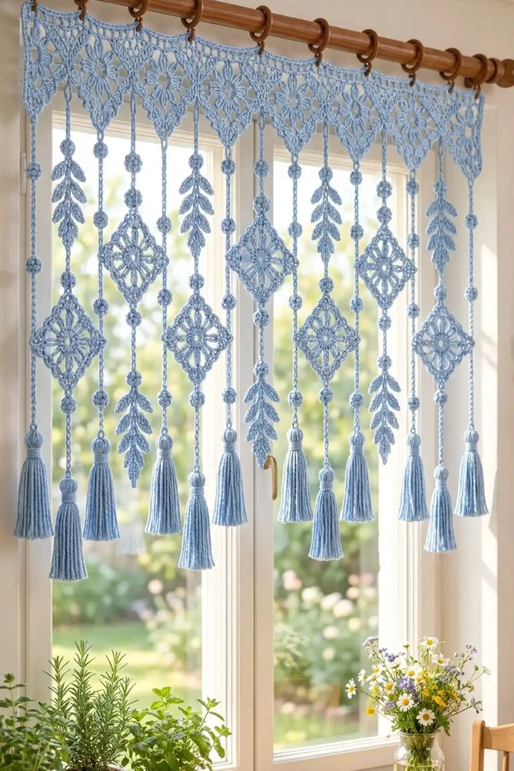 A blue crochet lace curtain with tassels hangs in a sunny window above potted flowers.