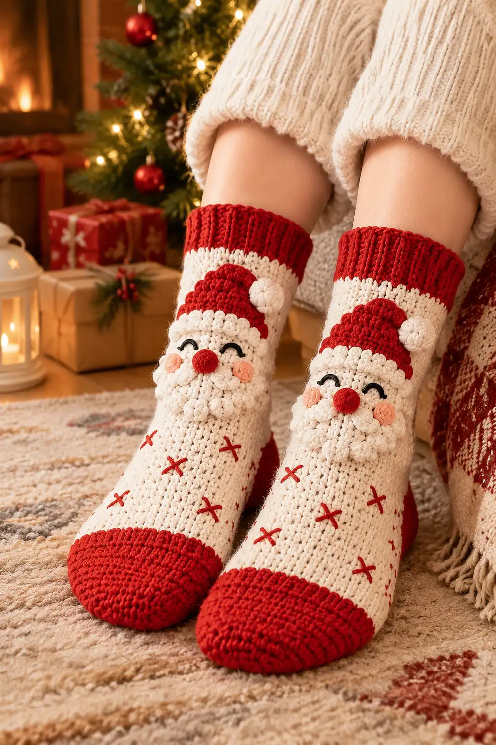 Person wearing red and white Santa-themed socks with cream sweater near decorated Christmas tree and fireplace.