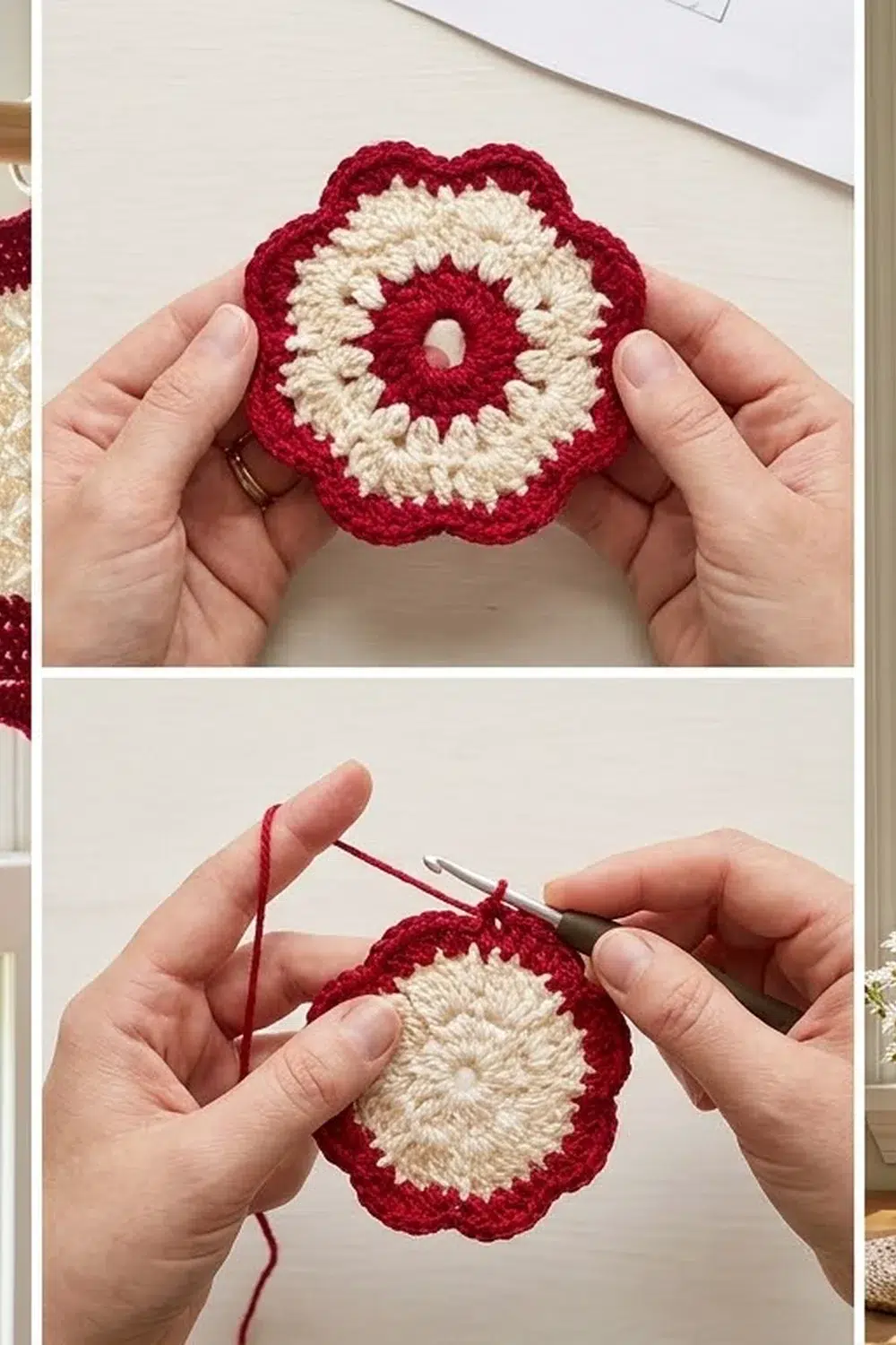 Hands holding a red and cream crocheted flower motif while attaching yarn with a crochet hook.